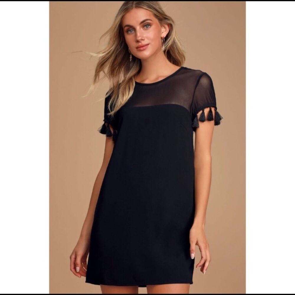 Lulus black tassel mesh shift dress size small